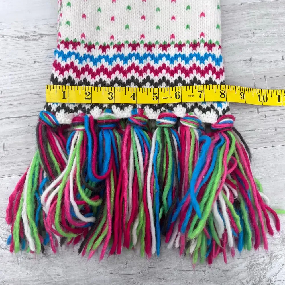 Aeropostale Bright Snowflake Hearts Fringed Acrylic Knit Scarf White Blue Green